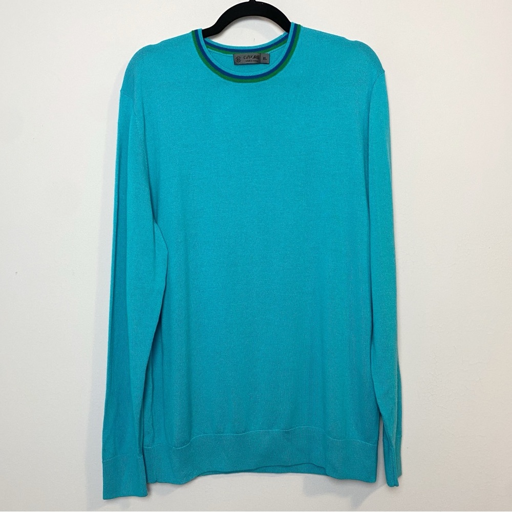 G/Fore Teal Wool Stripe Neck Crewneck Sweater